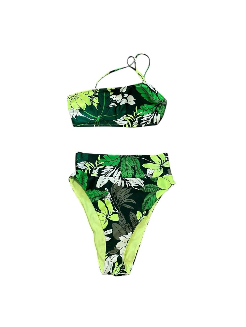 Aerie Bikini Set XS Green Tropical Bandeau High Cut Cheeky